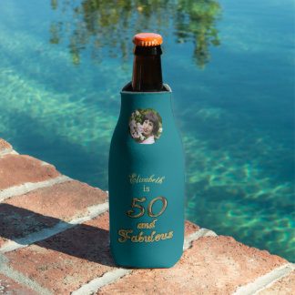 50 and Fabulous Birthday Gold Teal Blue 50th Age Bottle Cooler