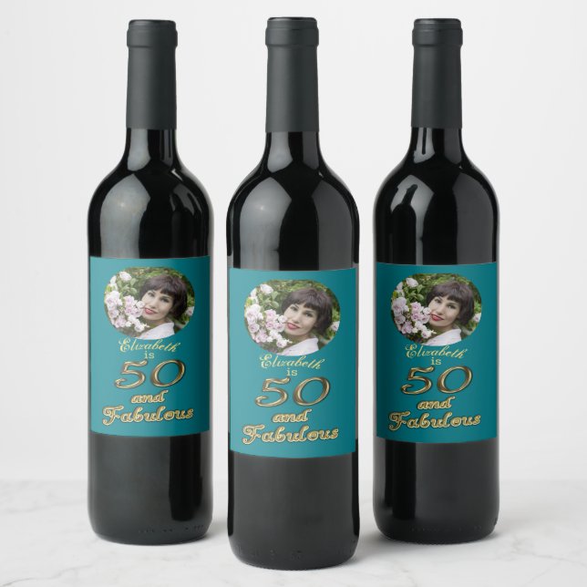 50 and Fabulous Birthday Gold Teal Blue 50th Age Wine Label (Bottles)