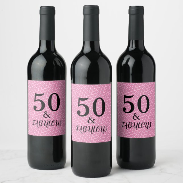 50 And Fabulous Birthday Mermaid Party Pink Black Wine Label (Bottles)