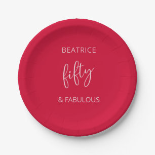 50 and Fabulous Birthday Modern Script Red  Paper Plate