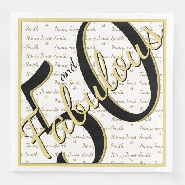 50 and Fabulous birthday Name black/Gold Napkin (Front)