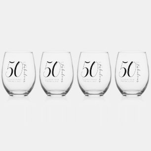50 and Fabulous Birthday Party Black and White Stemless Wine Glass