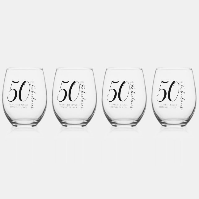 50 and Fabulous Birthday Party Black and White Stemless Wine Glass (Front)