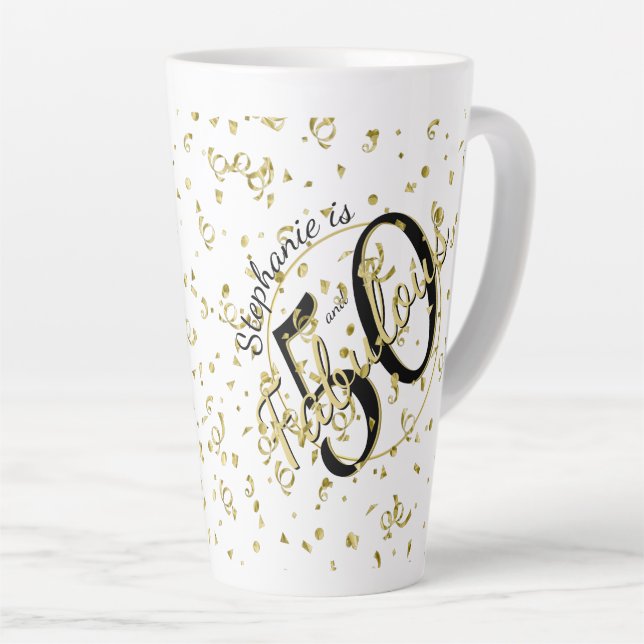 50 and Fabulous Birthday Party Black/Gold Fun 50th Latte Mug (Right Angle)