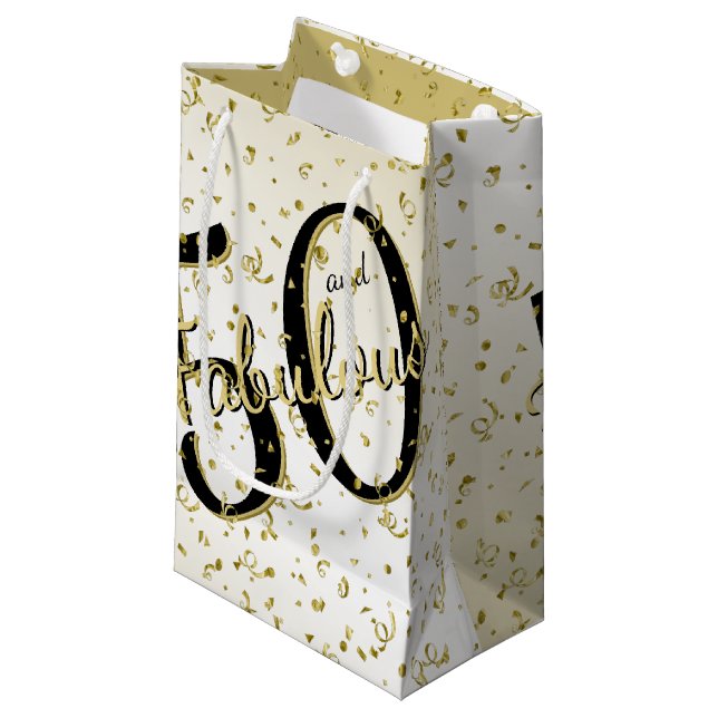 50 and Fabulous Birthday Party Black/Gold Fun Small Gift Bag (Front Angled)