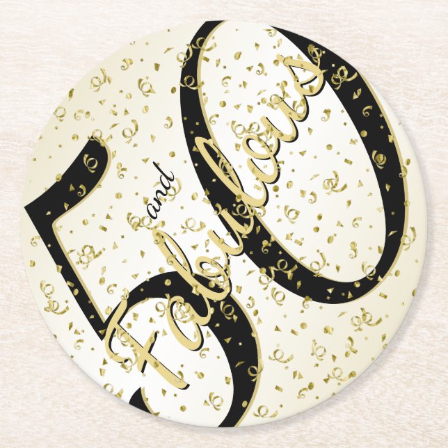 50 and Fabulous birthday Party black/Gold Round Paper Coaster (Front)