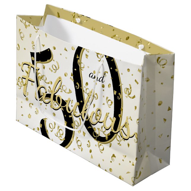 50 and Fabulous Birthday Party Fun Black/Gold Large Gift Bag (Front Angled)
