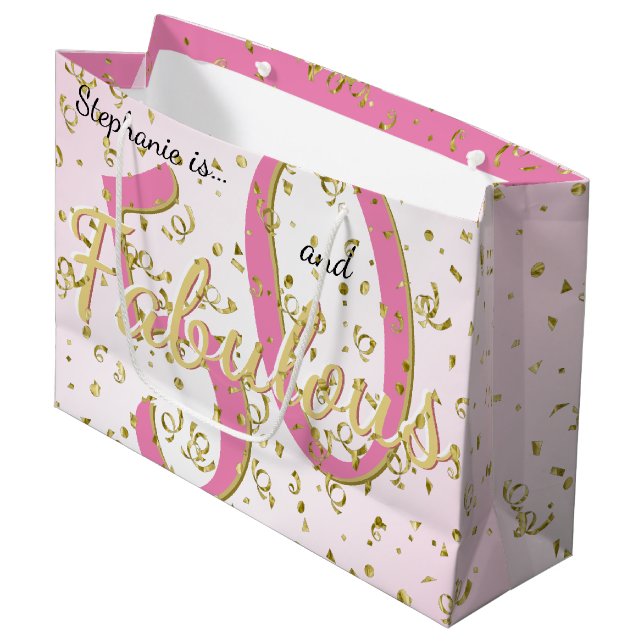 50 and Fabulous Birthday Party Fun Pink/Gold Large Gift Bag (Front Angled)