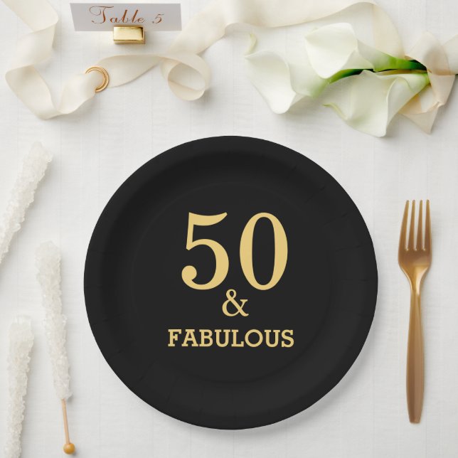 50 And Fabulous Birthday Party Golden Yellow Black Paper Plate (Wedding)