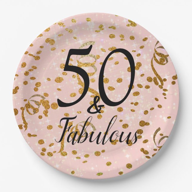 50 and Fabulous Birthday Pink Gold Confetti party Paper Plate (Front)