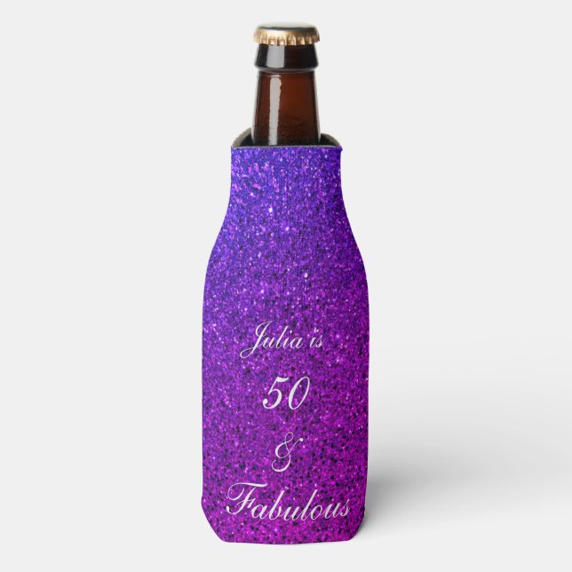 50 And Fabulous Birthday Pink Purple Glitter Ombre Bottle Cooler (Bottle Front)