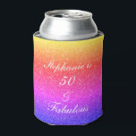 50 And Fabulous Birthday Pink Purple Glitter White Can Cooler<br><div class="desc">Designed with pretty,  girly and beautiful pink purple glittery background and personalised text template for name which you can edit,  this is perfect for the 50th birthday celebrations or gift or party favours!</div>