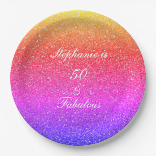 50 And Fabulous Birthday Pink Purple Glitter White Paper Plate