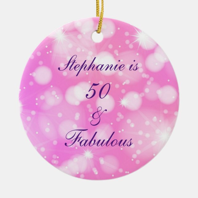 50 And Fabulous Birthday Pink Purple Glittery Ceramic Tree Decoration (Front)