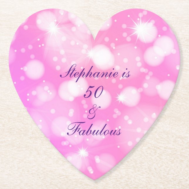 50 And Fabulous Birthday Pink Rose Purple Glittery Paper Coaster (Front)