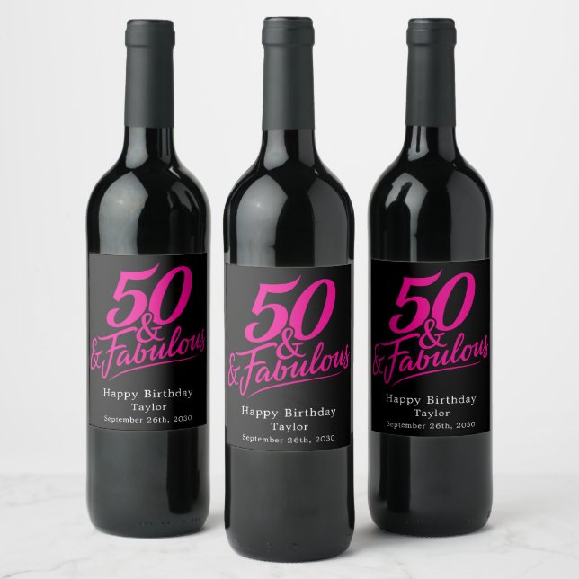 50 and Fabulous Birthday Pink Script Custom Wine Label (Bottles)