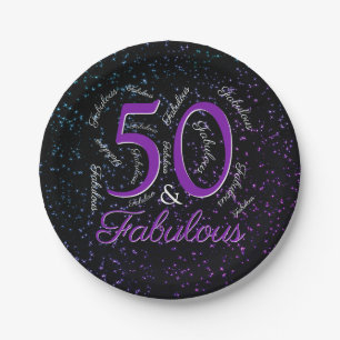 50 And Fabulous Birthday Purple Black Elegant Paper Plate
