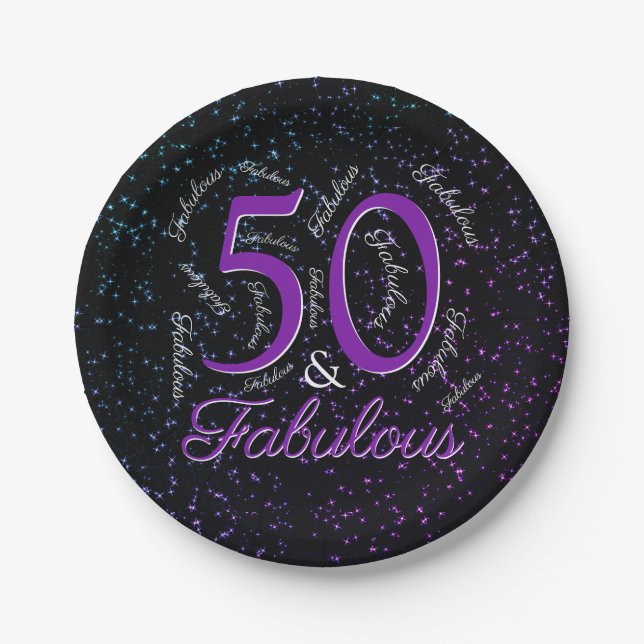 50 And Fabulous Birthday Purple Black Elegant Paper Plate (Front)