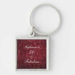 50 And Fabulous Birthday Red Burgundy Glitter Cool Key Ring
