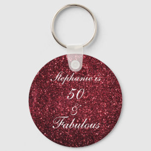 50 And Fabulous Birthday Red Burgundy Glitter Cute Key Ring