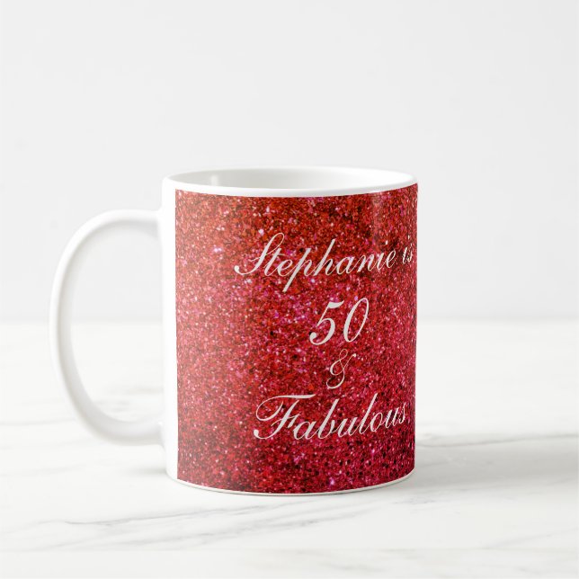 50 And Fabulous Birthday Red Glitter White Modern Coffee Mug (Left)