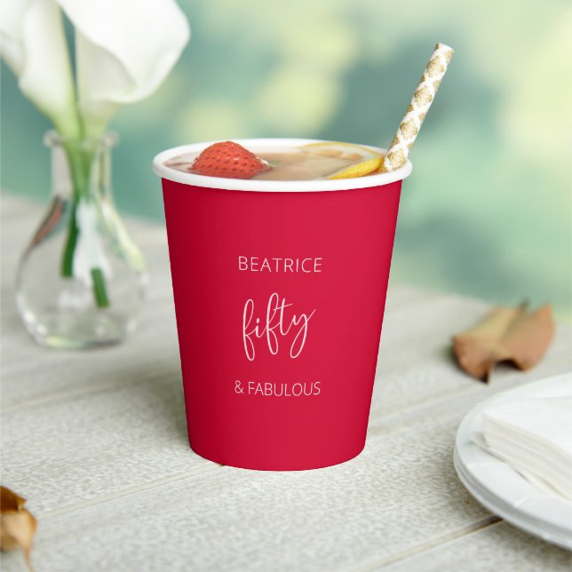 50 and Fabulous Birthday Red Modern Script  Paper Cups (Insitu)