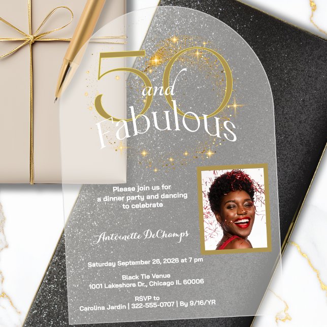 50 and Fabulous Birthday Single Photo White Gold Acrylic Invitations (50 & Fabulous Frosted Acrylic Elegant Gold and White Script Invitation)