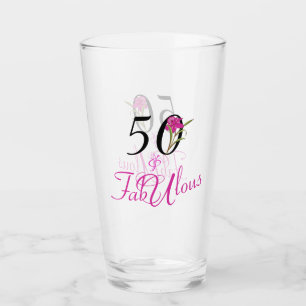 50 and Fabulous Birthday with Pink Flower Accent Glass