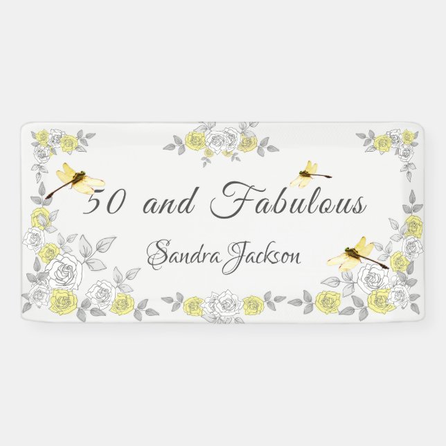 50 and Fabulous Birthday Yellow Grey Floral Banner (Horizontal)