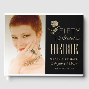 50 and Fabulous Black and Gold 50th Birthday Photo Guest Book
