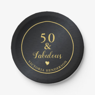 50 and Fabulous Black and Gold Birthday Paper Plate