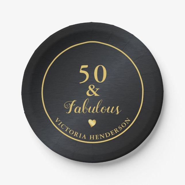 50 and Fabulous Black and Gold Birthday Paper Plate (Front)