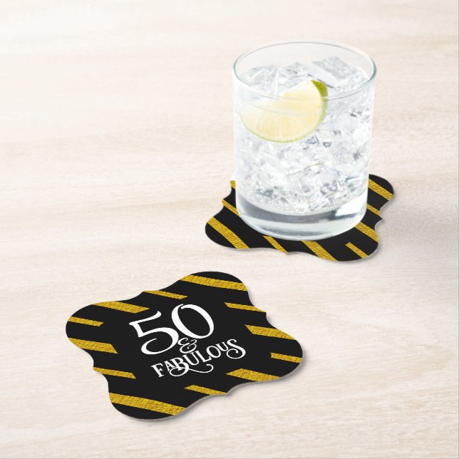 50 and Fabulous Black and Gold  Paper Coaster (Insitu)