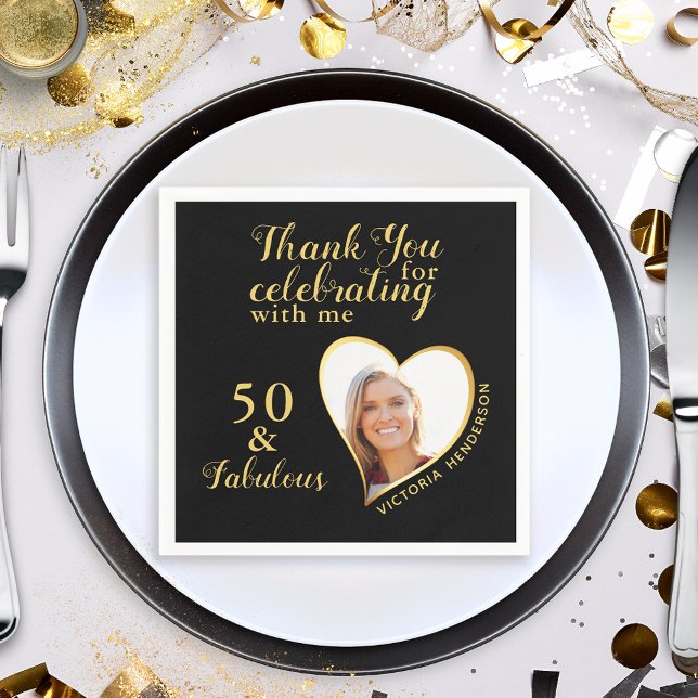 50 and Fabulous Black and Gold Photo Birthday Napkin (Creator Uploaded)
