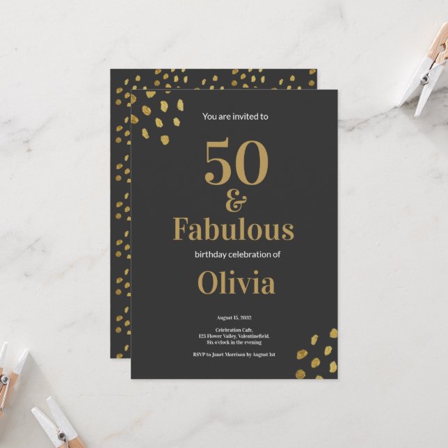 50 and Fabulous Black and Golden Birthday Invitati Invitation (Front/Back In Situ)