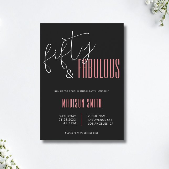 50 and Fabulous Black and Pink 50th Birthday Invitation (50 and Fabulous Black and Pink 50th Birthday Invitation)