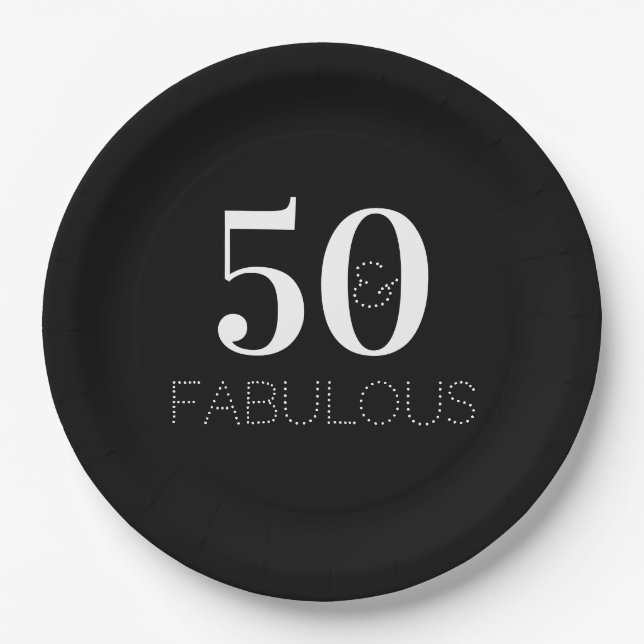 50 and Fabulous Black and White Birthday Party Paper Plate (Front)