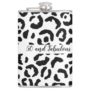 50 and Fabulous Black and White Cheetah Hip Flask