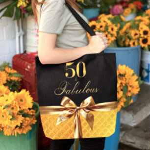 50 and Fabulous Black Gold Bow sparkle Leather Tote Bag