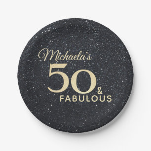 50 and Fabulous Black Gold Fiftieth Birthday Paper Plate