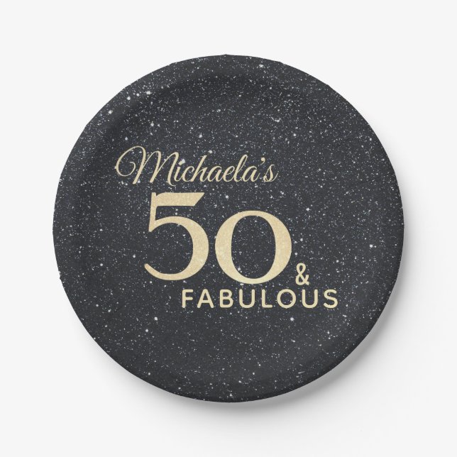 50 and Fabulous Black Gold Fiftieth Birthday Paper Plate (Front)