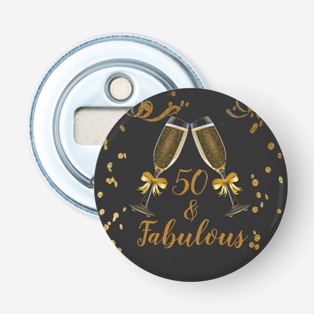 50 and Fabulous Black Gold Glitter Birthday Favour Bottle Opener (Front)