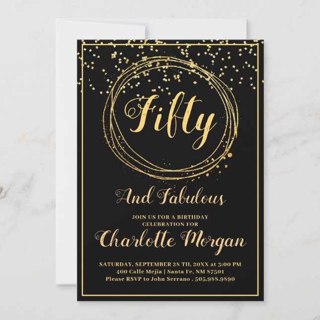50 And Fabulous Black Gold Glitter Invitation (Front)