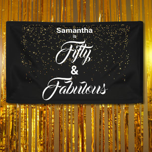 50 and Fabulous Black Gold Glitter Personalised Banner