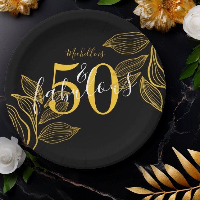 50 and Fabulous Black & Gold Modern  Paper Plate (Creator Uploaded)
