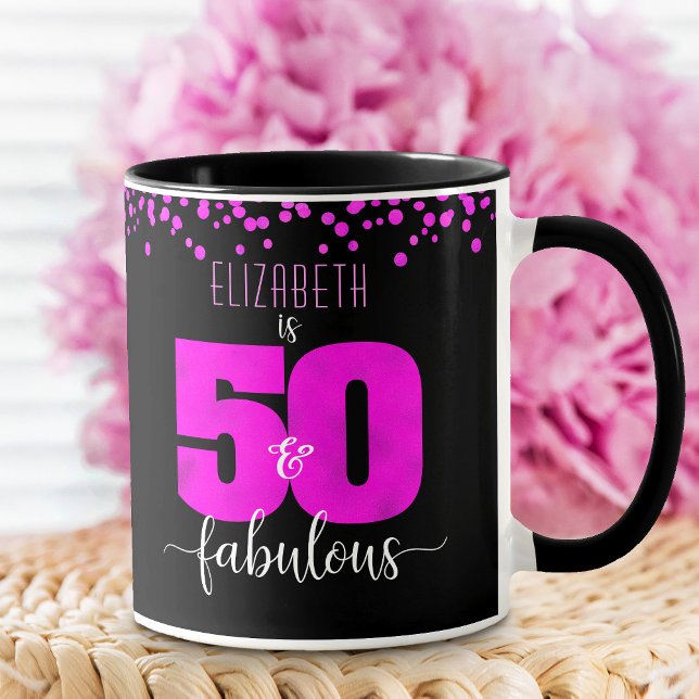 50 and fabulous black hot pink foil dots birthday mug (Creator Uploaded)