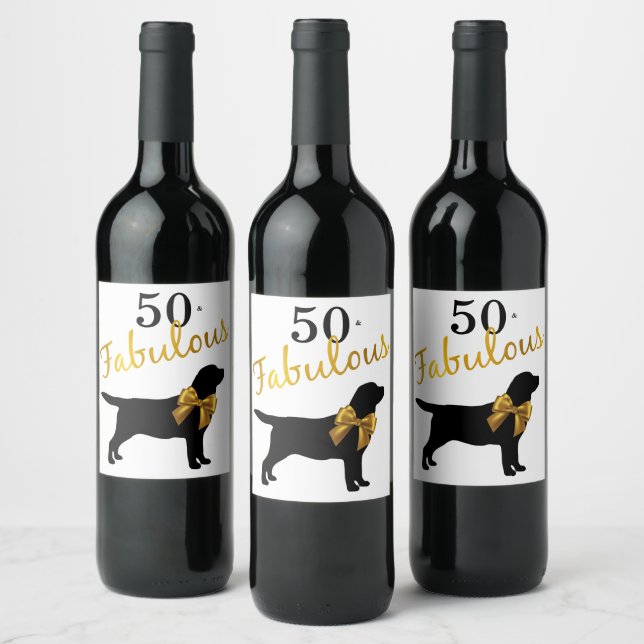 50 and Fabulous - Black Labrador - Black & Gold Wine Label (Bottles)