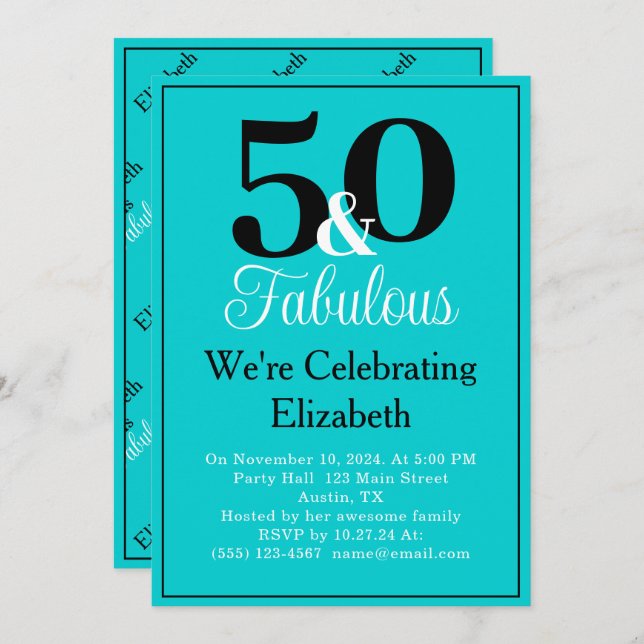 50 and Fabulous Black on Turquoise Blue  Invitation (Front/Back)