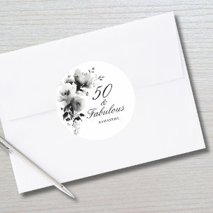 50 and Fabulous Black White Floral 50th Birthday Classic Round Sticker