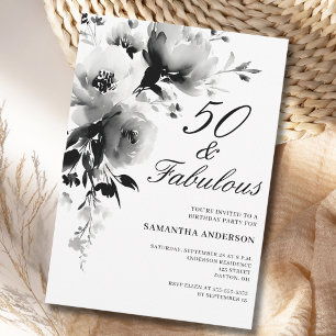 50 and Fabulous Black White Floral 50th Birthday  Invitation